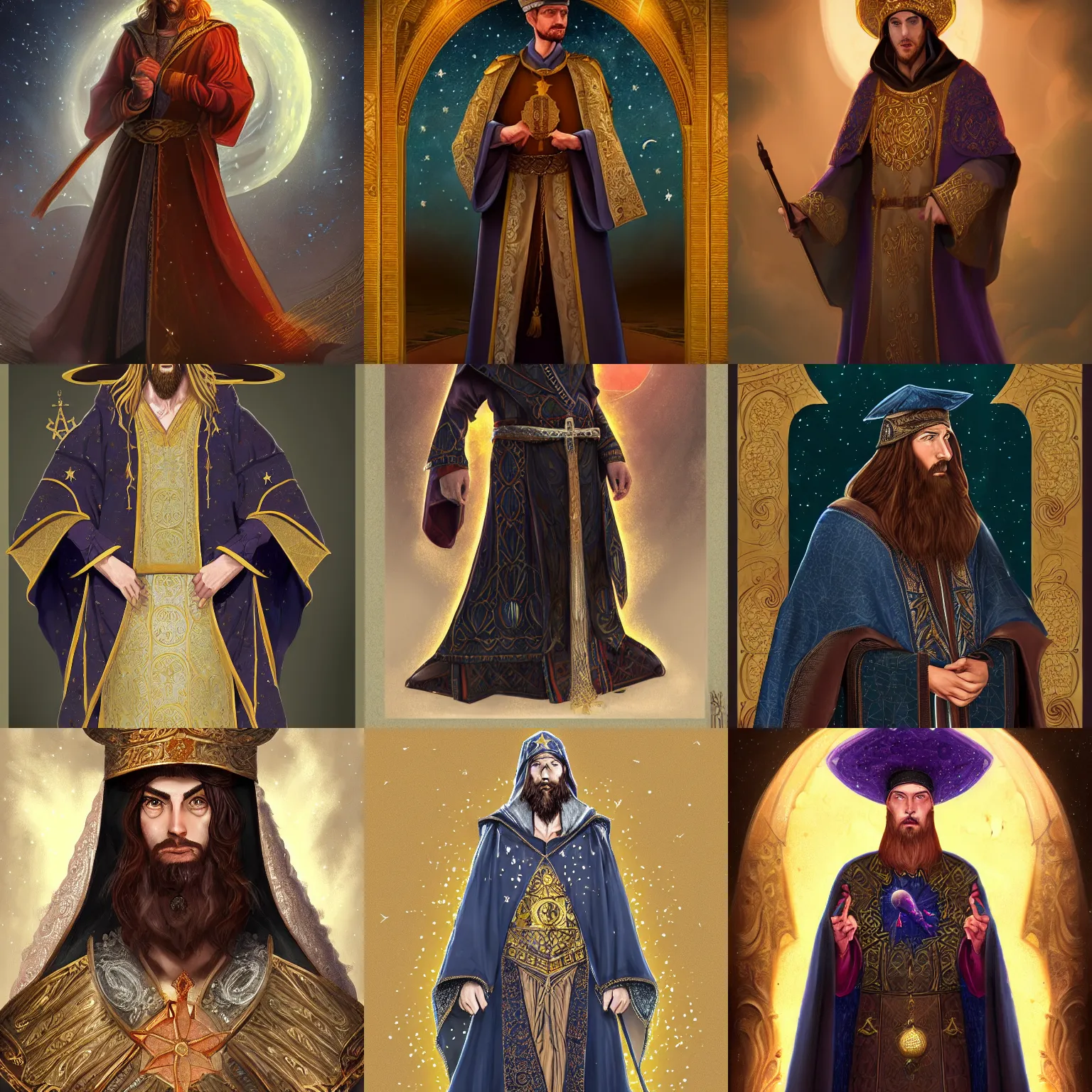Prompt: adult wizard wearing a byzantine hat and a robe with star and moon pattern, handsome face, full body, fantasy, intricate, elegant, highly detailed, digital painting, artstation, concept art, matte, illustration