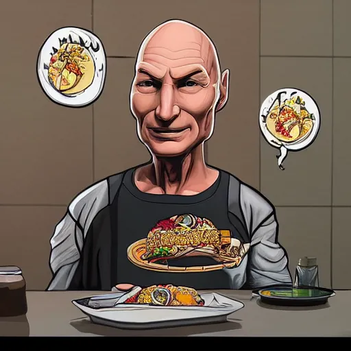 Prompt: picard on the moon eating tacos in a bathroom, ultra realistic, digital art, rich deep colors, smooth shadows, high resolution, cinematic