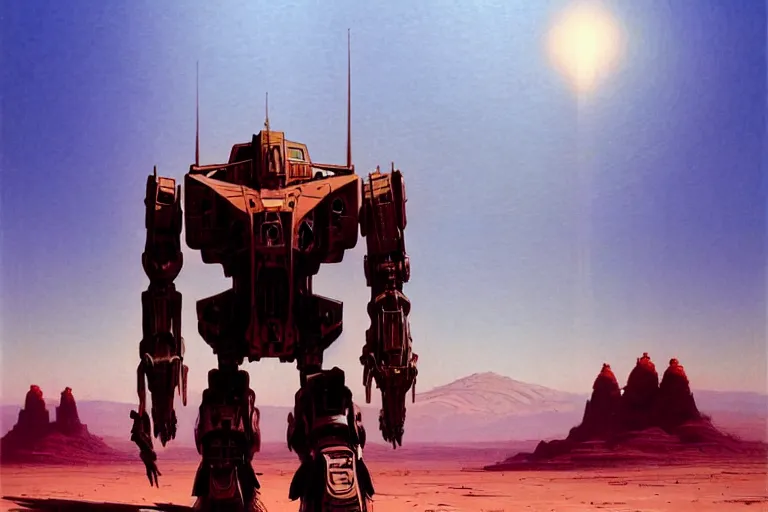 Prompt: gigantic mecha walking through the desert, intricate, elegant, dramatic lighting, highly detailed, artstation, concept art, smooth, sharp focus, illustration, art by syd mead and beksinski