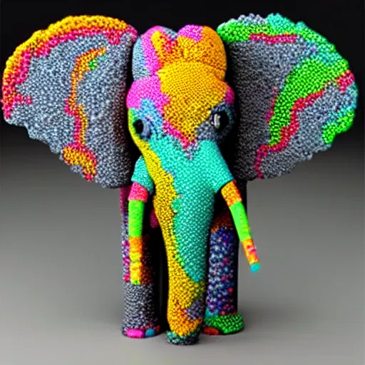 Prompt: Elephant made out of fruity pebble treats. Colorful skin, neon glow. Edible, 3d, three quarters view