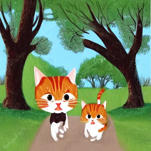 Image similar to two calico cats walking together outside on a beautiful day, cute storybook illustration