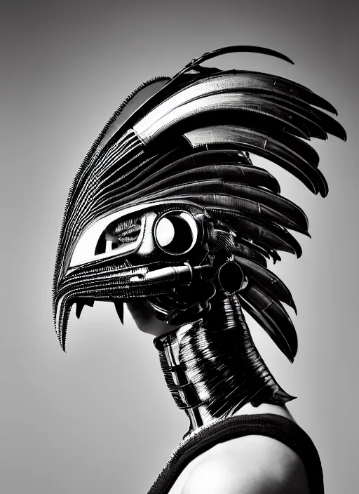 Prompt: profile portrait, a stunning young woman - cyborg with a mutant crow head, editorial photography, bw, by roman sustov, by hr giger, shot on 7 0 mm, depth of field, f / 2. 8, high contrast, 1 6 k, volumetric lighting, shiny, insanely detailed and intricate, hypermaximalist, elegant, ornate