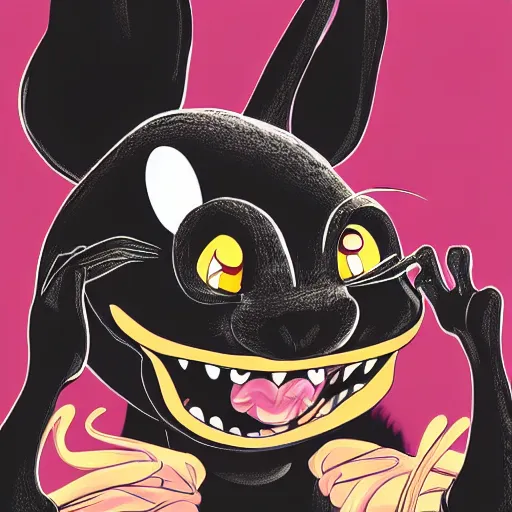 Image similar to A extremely highly detailed majestic hi-res beautiful, highly detailed head and shoulders portrait of a scary terrifying, horrifying, creepy black cartoon rabbit with scary big eyes, earing a shirt laughing, hey buddy, let's be friends, in the style of Walt Disney