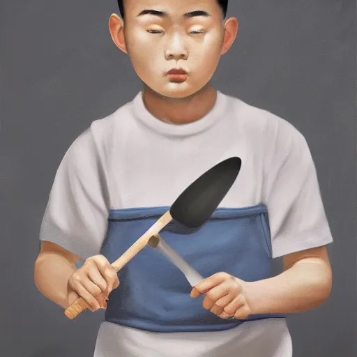 Prompt: dramatic portrait of chinese boy buzz cut, holding a spatula, digital painting