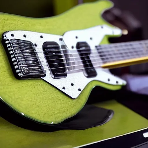 Prompt: a photo of an electric guitar made entirely out of avocado