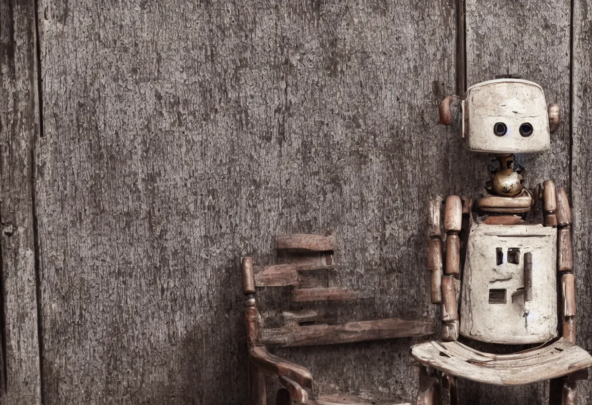Image similar to An intimate extreme closeup photograph of a single lonely robot sitting on a aged wooden rocking chair in front of a single beautiful fireplace in a dilapidated Victorian home