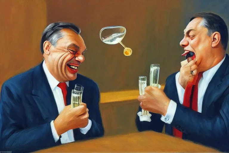 Image similar to viktor orban drinking champagne, smoking cigar, laughing hard, highly detailed face by edward hopper