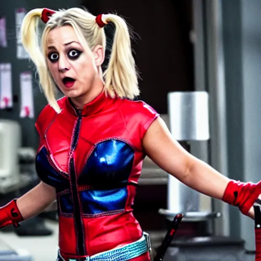 Prompt: A still of Kaley Cuoco as Harley Quinn-n 9