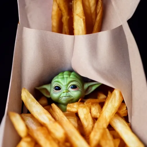 Image similar to baby yoda inside a bag of french fries