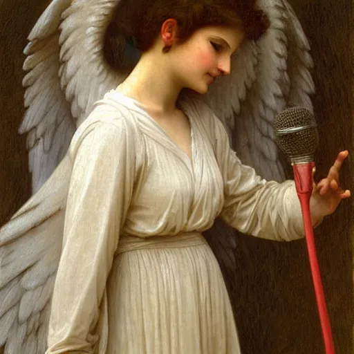 Image similar to an oil painting of an angel singing holding microphone on one hand, by Bouguereau, highly detailed and intricate,