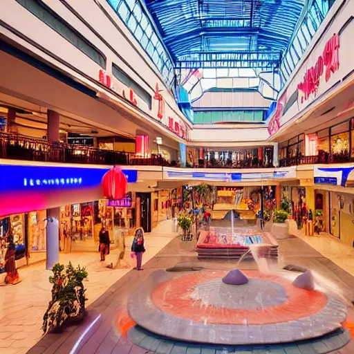 Image similar to A vast 80s shopping mall interior with an enormous water feature, water fountain, water falls, photo taken at night, neon pillars, large crowd, red brick