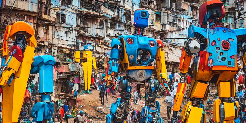 Image similar to colourful giant mecha ROBOT of AJEGUNLE SLUMS in Lagos, markings on robot, neon lights, Golden Hour,