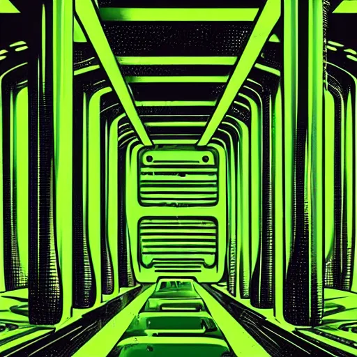 Image similar to a scifi illustration, factory interior dark with neon green vats of fluid. seen from above, parallax bloom effect, heavy linework line brush, graphic novel style