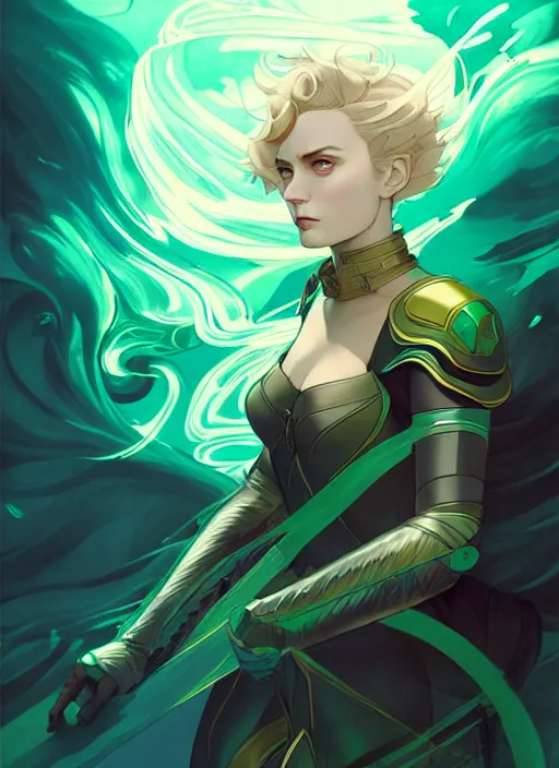 Prompt: style artgerm, joshua middleton, illustration, emily blunt as rune knight wearing green pelt light armor, anime eyes, blue hair, swirling water cosmos, fantasy, dnd, cinematic lighting