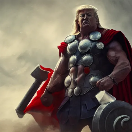 Image similar to warrior, male, thor, trump, muscular, by wlop, cinematic, dark