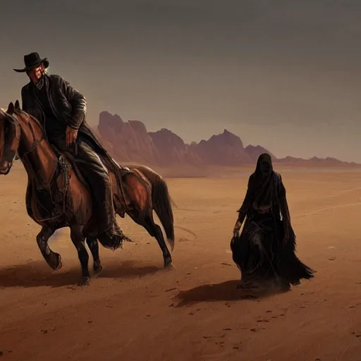 Image similar to the man in black fled across the desert, the gunslinger followed. Highly detailed painting Greg rutkowski. Good clear quality, high detail, octagon render 8k