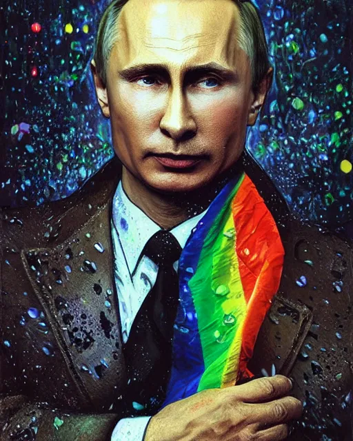 Image similar to a highly detailed portrait of Vladimir Putin holding gay pride flag, intricate, digital painting, old english, raining, sepia, particles floating, whimsical background by marc simonetti, art by artgerm and greg rutkowski and alphonse mucha