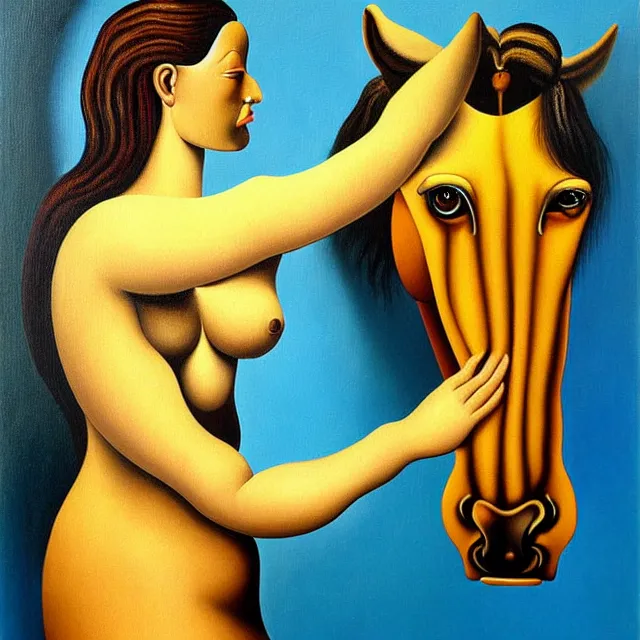 Prompt: a beautiful painting a well - built woman with a horse face, wearing a bra to look in the mirror, by salvador dali realistic oil painting