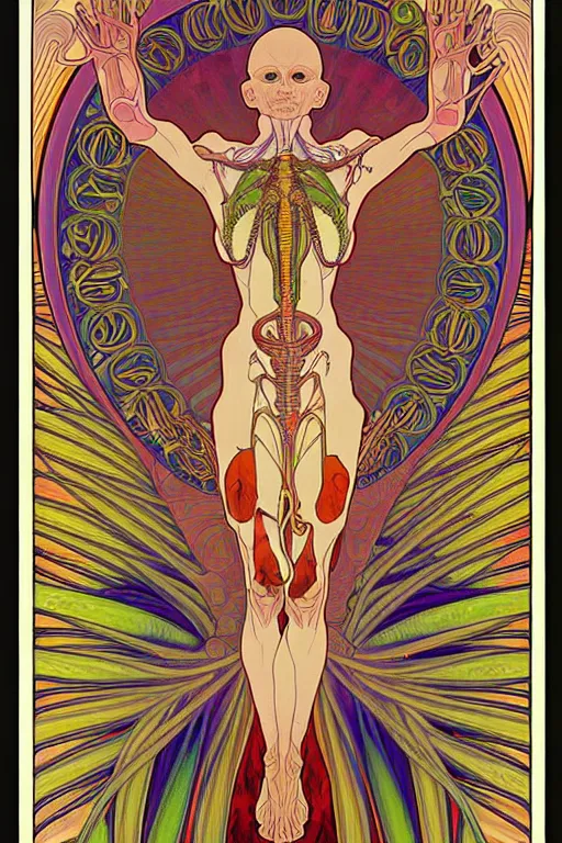 Image similar to extremely psychedelic anatomically accurate diagram of alien species, full body, intricate parts, fine details, hyper realistic, elegant minimalism, by seichen, alphonse mucha, surreal