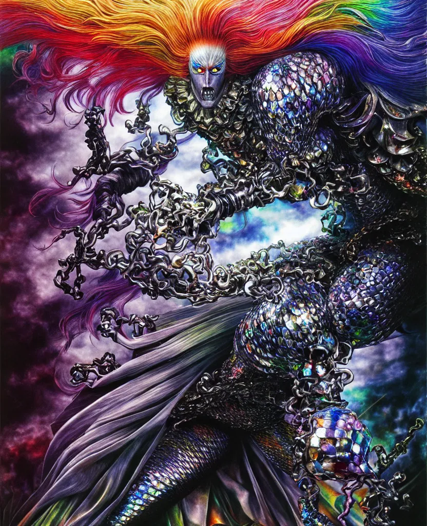 Image similar to realistic detailed image of ultra wrathful rainbow diamond iridescent mega griffith from berserk, depth perception, depth of field, action horror by ayami kojima, neo - gothic, gothic, part by adrian ghenie and gerhard richter. art by yoshitaka amano. masterpiece