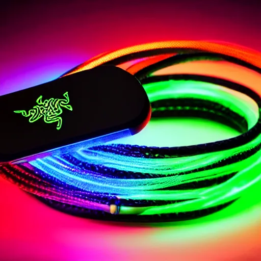 Prompt: glowing braided fibrous gaming razer rgb rope, basic photo, professional comercial vibe, 8 k, cgi.