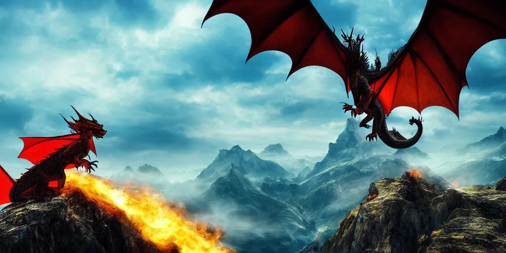 Image similar to a dragon breathing fire on the top of a mountain, epic composition, detailed and intricate image, cinematic, 4 k