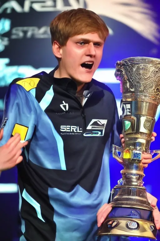 Prompt: serral wins the biggest starcraft tournament in the shadow dimension