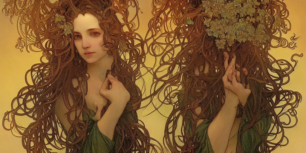 Prompt: creepy plant people, ominous, fungus tendrils by alphonse mucha, intense lighting, light beams, lens flare, intricate, elegant, highly detailed, digital painting, artstation, concept art, smooth, sharp focus, illustration, art by artgerm and serpentigena and alphonse mucha