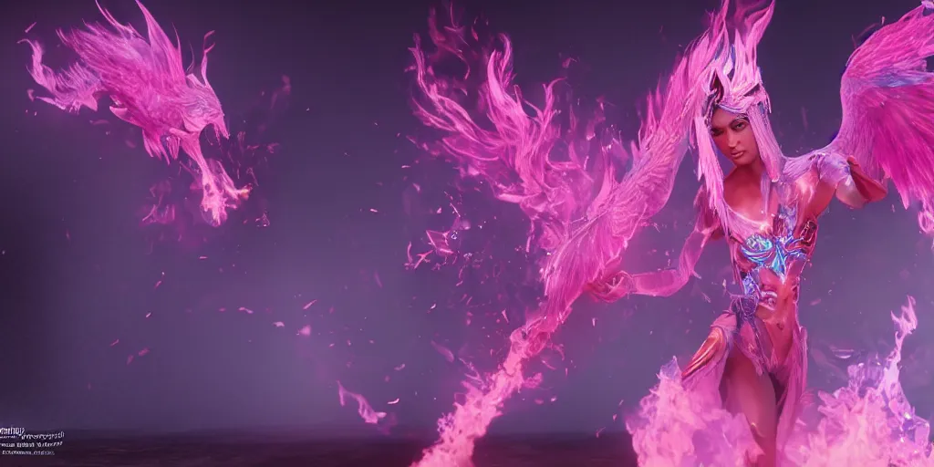 Image similar to pink and blue humanoid woman flaming phoenix, character portrait, unreal engine 5, intricate, detailed, realistic, masterpiece