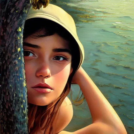 Image similar to oil painting by ilya kuvshinov,, baugh casey, artgerm craig mullins, coby whitmore, of a youthful indian girl, long hair, fishing and wearing fisherman's outfit, fisherman's hat, highly detailed, breathtaking face, studio photography, noon, intense bounced light, water reflection, large tree casting shadow, serine intense sunlight