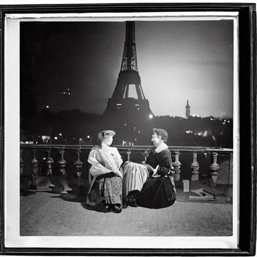 Prompt: two young edwardian women sit outside a cafe in paris at night, the moon is in the sky, the eiffel tower is visible in the background