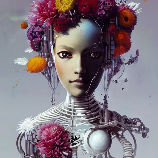 Image similar to surreal gouache painting, by yoshitaka amano, by ruan jia, by conrad roset, by good smile company, detailed anime 3 d render of a female mechanical android head with flowers growing out, portrait and white background, cgsociety, artstation, rococo mechanical costume and grand headpiece, dieselpunk atmosphere