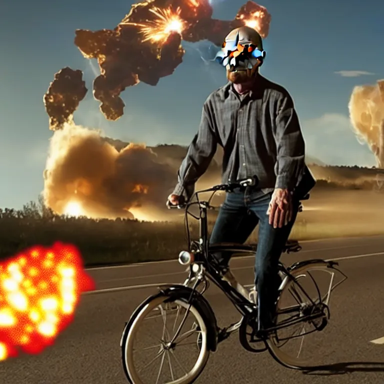 Image similar to photo of walter white riding a bike with an exploding building behind him, color, cinematic lighting