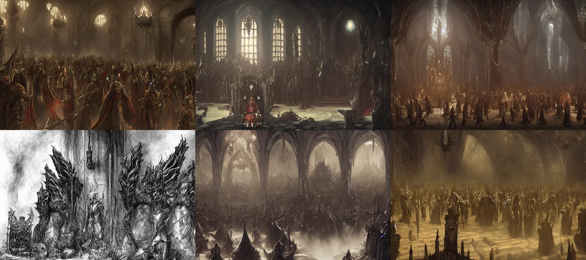 Prompt: Crowded throne room of vampiric nobility, fantasy, wide shot, trending on artstation