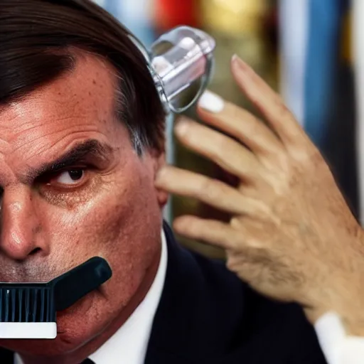 Prompt: president jair bolsonaro vaping, award winning photograph, 4 k, journalistic photo, wide shot, high quality, photo by time magazine.