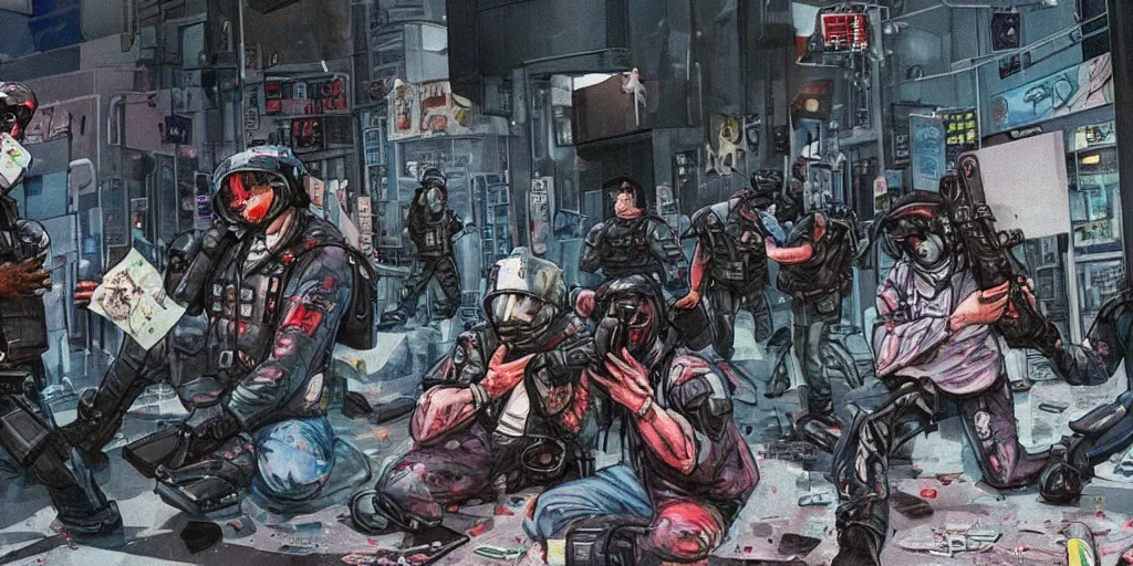 Prompt: 1992 Video Game Concept Art, Anime Neo-tokyo Cyborg bank robbers vs police, Set in Cyberpunk Bank Lobby, bags of money, Multiplayer set-piece :9, Police officers hit by bullets, Police Calling for back up, Bullet Holes and Blood Splatter, :6 ,Hostages, Smoke Grenades, Riot Shields, Large Caliber Sniper Fire, Chaos, Cyberpunk, Money, Anime Bullet VFX, Machine Gun Fire, Violent Gun Action, Shootout, Escape From Tarkov, Payday 2, Highly Detailed, 8k :7 by Katsuhiro Otomo + Studio Gainax + Sanaril : 8