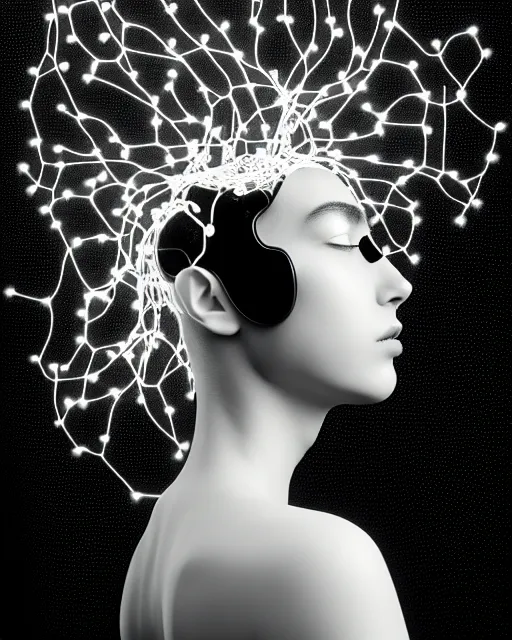 Prompt: black and white dreamy spiritual connected young female cyborg - plant goddess high quality photo, microchip, artificial intelligence, bio - mechanical bio - luminescence, black wired cables, neurons, nerve cells, cinematic, rim light, photo - realistic, elegant, high detail, 8 k, masterpiece, high fashion