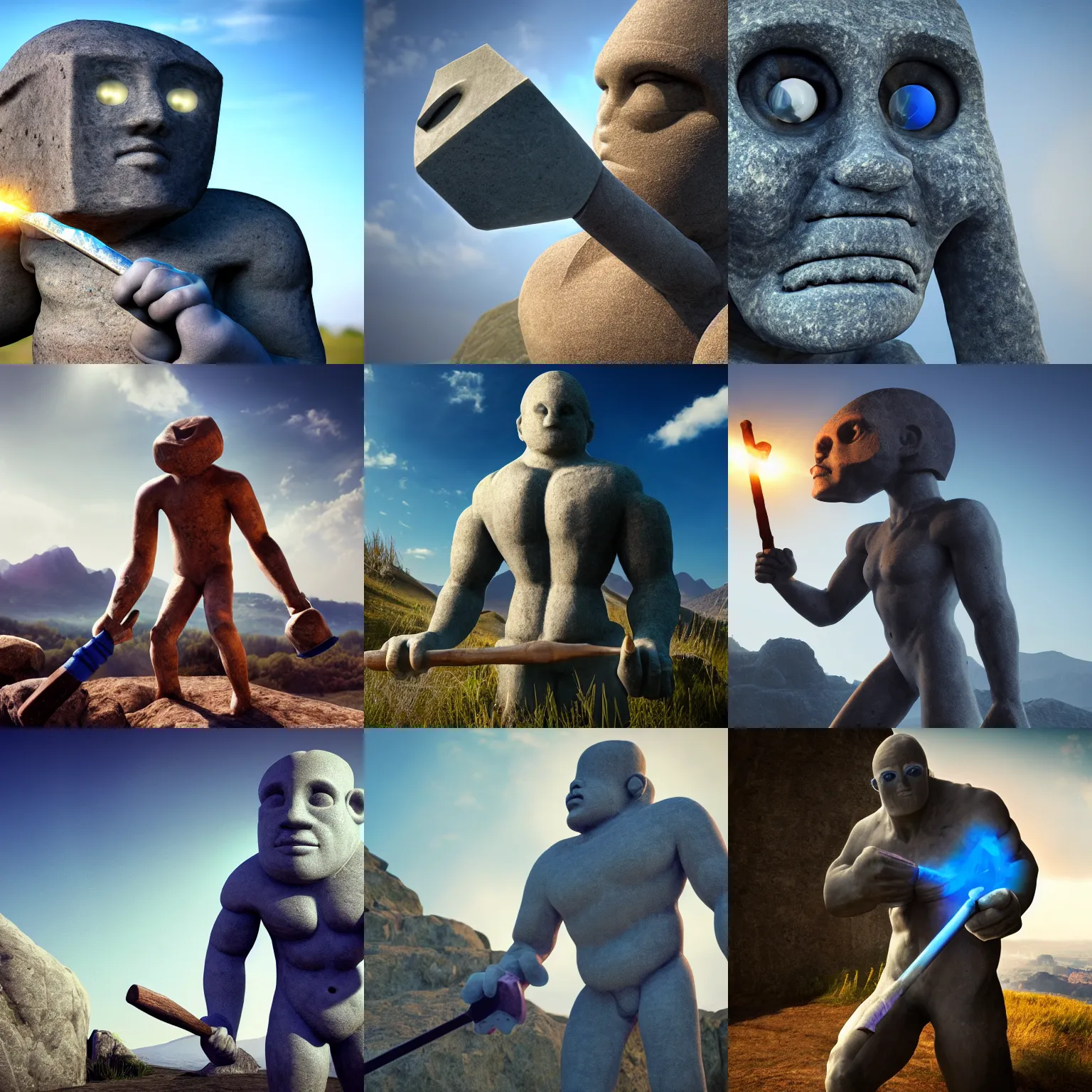 Prompt: cinematography realistic detailed picture of stone giant humanoid cyclope, holding a hammer, no mouth, triangular helmet, blue light from eye, rough stone texture, hazy blue skies in the background, unreal engine,