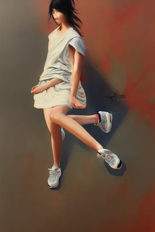 Prompt: A ultradetailed beautiful panting of a stylish girl , she is wearing Nike sneakers, Oil painting, by Ilya Kuvshinov, Greg Rutkowski and Makoto Shinkai