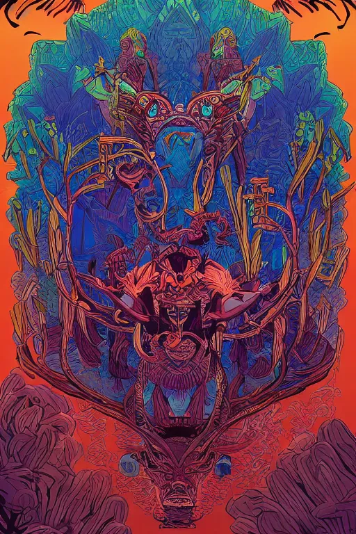 Image similar to totem animal tribal chaman vodoo mask feather gemstone plant video game illustration vivid color borderlands and by feng zhu and laurie greasley, victo ngai, andreas rocha, john harris radiating a glowing aura