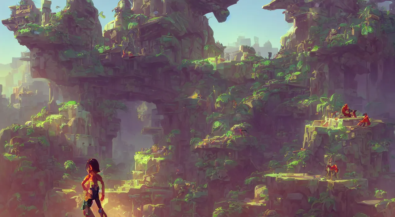 Image similar to grounded camera arabian marketplace skyup vivid tissu color fabric greeble block jungle dirt wall fortress volume lighting shine video game icon, 2 d game art gta cover, official fanart behance hd artstation by jesper ejsing, by rhads, makoto shinkai and lois van baarle, ilya kuvshinov, rossdraws