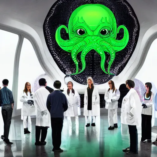 Prompt: scientists watching a clone of cthulhu in culture capsule, bio chemical, hyperealistic, detailed photography, divinity, awful, sci - fi, green light