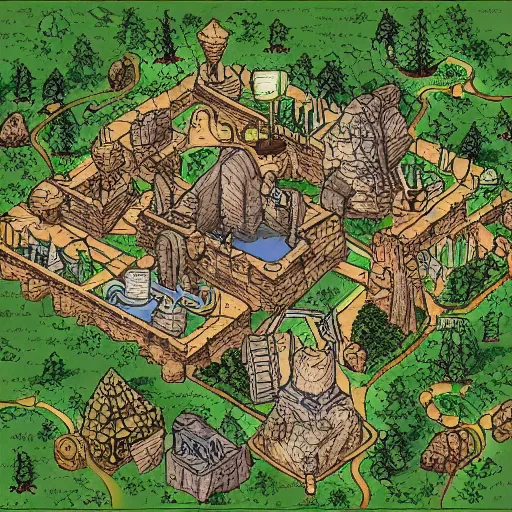 Prompt: map of a dungeon in a forest, isometric, detailed, game, dungeons and dragons