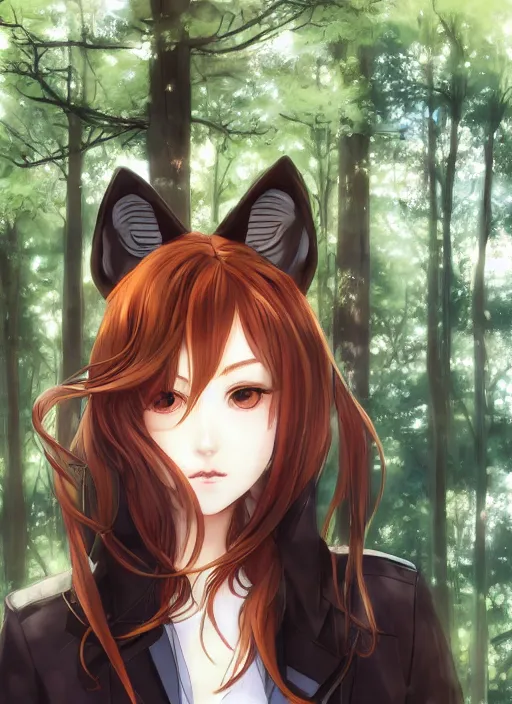 Prompt: portrait painting by shigenori soejima, girl, fox ears, focus on face, forest background, pretty, cinematic lighting, painterly, long wavy orange hair, light brown trenchcoat