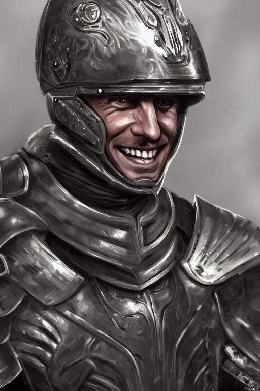 Image similar to emmanuel macron smiling while wearing armour, highly detailed, digital art, sharp focus, trending on art station