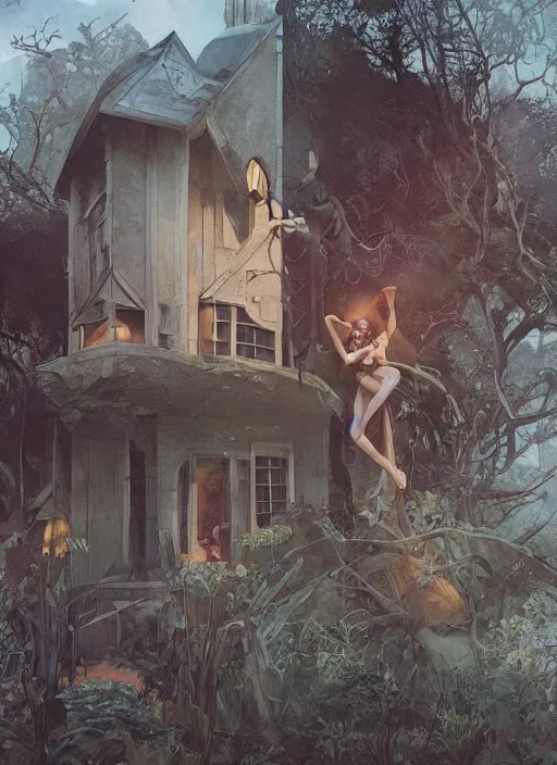 Prompt: a hyper realistic house on a hill distant explosions, gorgeous lighting, lush foliage, painting by chiara bautista and tom bagshaw, mucha, beksinski and norman rockwell and greg rutkowski weta studio, and lucasfilm