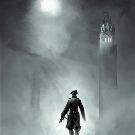 Image similar to scary 1920s soviet policeman, fog, darkness, evil, magic the gathering artwork, D&D, fantasy, cinematic lighting, centered, symmetrical, highly detailed, digital painting, artstation, concept art, smooth, sharp focus, illustration, volumetric lighting, epic Composition, 8k, art by Akihiko Yoshida and Greg Rutkowski and Craig Mullins, oil painting, cgsociety