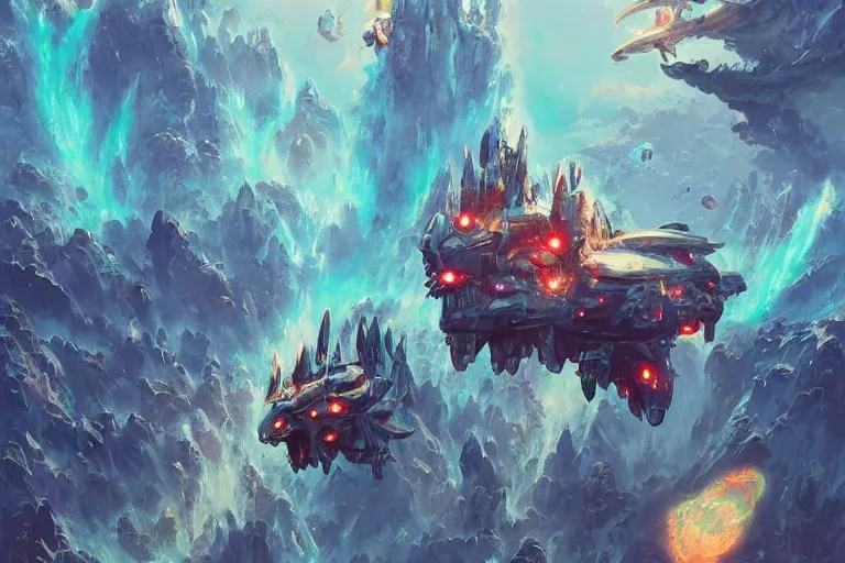 Image similar to cute dog overlooking a multiversal otherworldly realm with flying mecha shark with chic streets and shops and volcanic lava eruption mountain with lush garden and waterfalls and intricate luxurious scifi shrines, star trek style, by peter mohrbacher, jeremy mann, francoise nielly, peter andrew jones, ross tran, beautiful, award winning scenery, clean details, serene