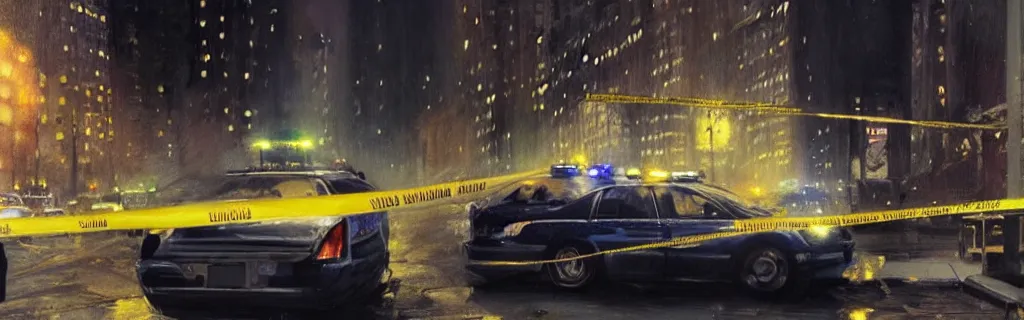 Image similar to a police crime scene at night on the streets of new york. epic cinematic hyperrealism masterpiece. realistic poster with shaded lighting by craig mallismo, artgerm, jeremy lipkin and michael garmash, unreal engine, radiant light, detailed and complex environment, digital art, art station trends, detailed faces, detailed eyes