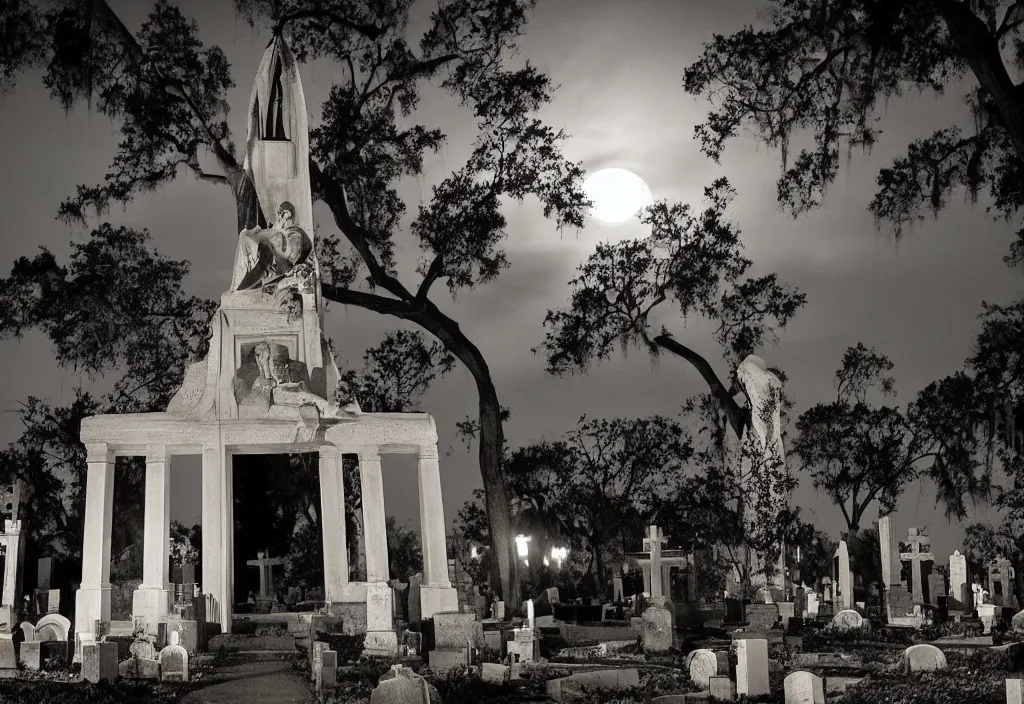 Image similar to a moonlit night at the st. louis cementer in new orleans, louisiana, highly detailed, photographic quality